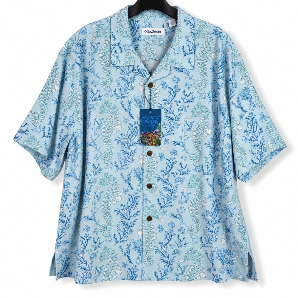 Caribbean Button Up Shirt Mens XXL Light Blue Aquatic Depths Seahorse Coastal